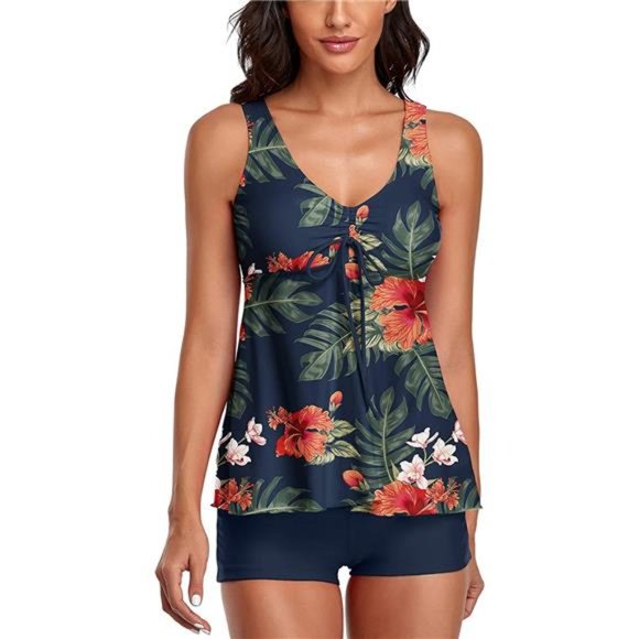 Modest Tankini Swimsuits for Women Two Piece Bathing Suits Floral Print Tank Top - Picture 4 of 4